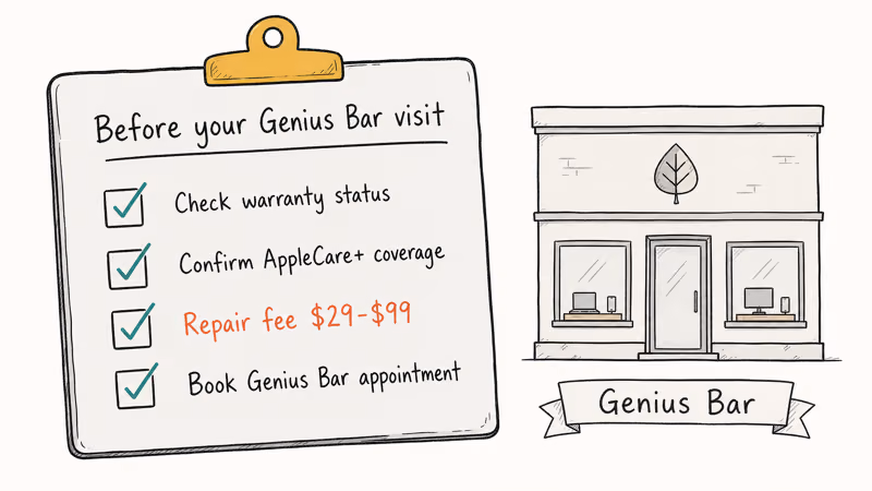 Apple Store checklist shows warranty, AppleCare, and Genius Bar prep steps