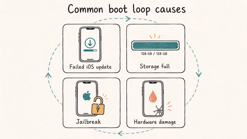 Four hand-drawn cards showing common iPhone boot loop causes including failed update and storage issues