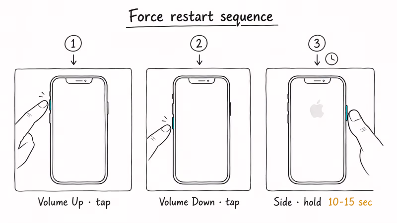 Three-panel hand-drawn diagram showing iPhone force restart button sequence with timing indicator
