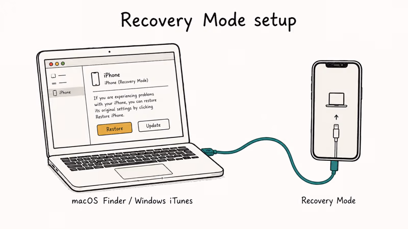 Hand-drawn iPhone connected to laptop showing Recovery Mode screen with Restore button in Finder window