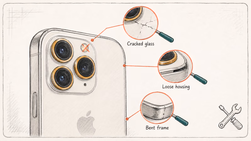 Rear camera close-up marks cracked glass, loose housing, and bent frame