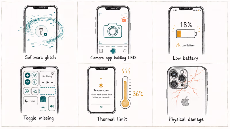 Six hand-drawn iPhone tiles showing flashlight greyed-out causes from glitches to physical damage.