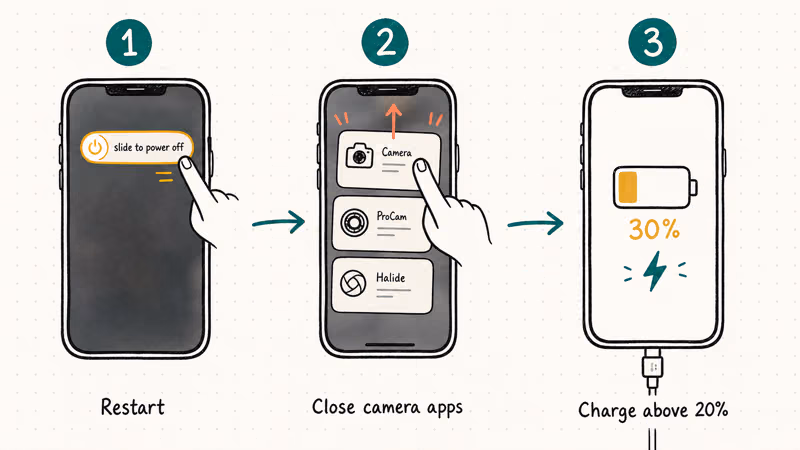 Three-panel hand-drawn flow showing iPhone restart, closing camera apps, and charging above twenty percent.