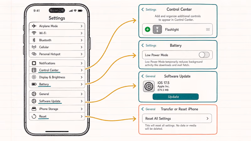 Hand-drawn iPhone Settings map highlighting Control Center, Battery, Software Update, and Reset paths.