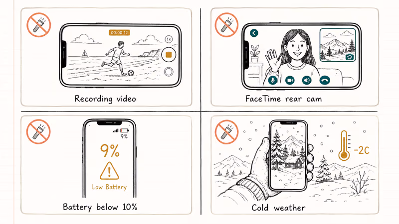 Four hand-drawn tiles showing flashlight blocked while recording, on FaceTime, low battery, and cold weather.