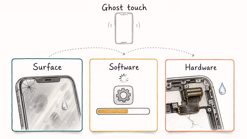 Three labeled cards showing surface, software, and hardware causes of iPhone ghost touch.