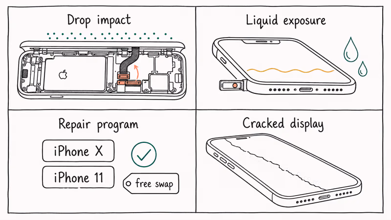 Four hardware fault scenarios for ghost touch: drop, liquid, cracked display, and Apple repair program.