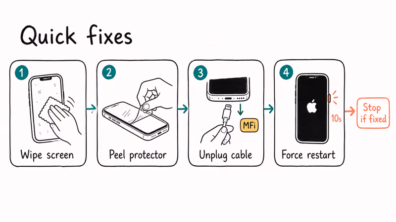 Four-step flowchart showing wipe screen, peel protector, unplug cable, then force restart sequence.