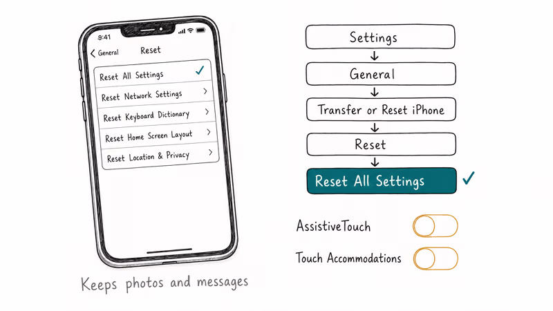Settings path shows Reset All Settings with touch toggles off