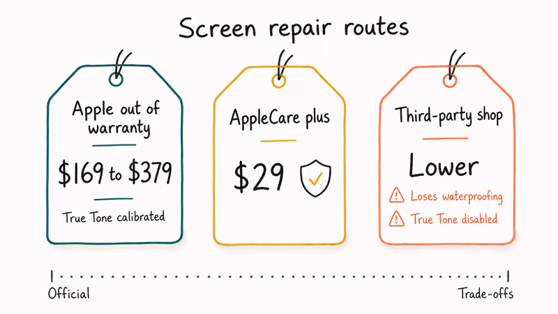 Three price-tag cards comparing Apple, AppleCare Plus, and third-party iPhone screen repair trade-offs.