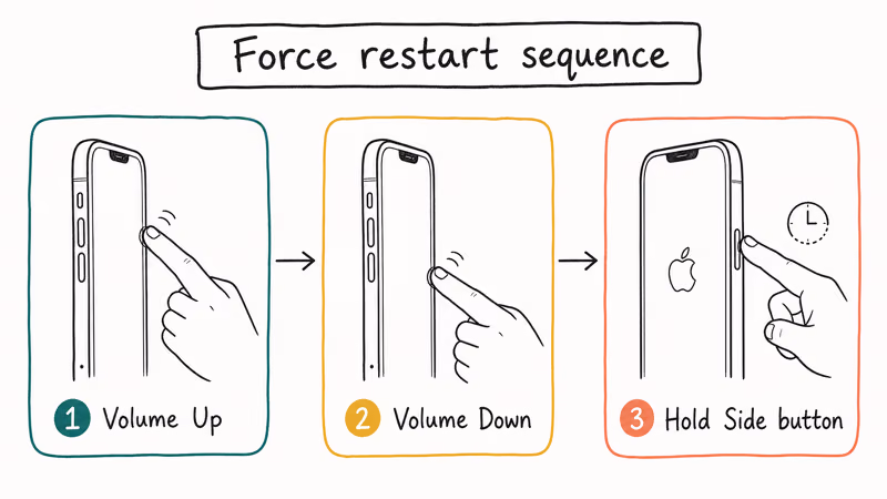 Three-step force restart shows volume buttons then side button hold