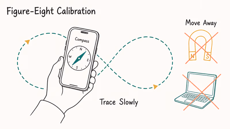 Hand-drawn iPhone tracing figure-eight motion for compass recalibration with magnet and laptop marked to avoid
