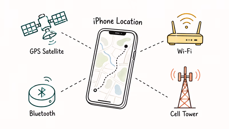 Diagram shows GPS, Bluetooth, Wi-Fi, and cell tower location signals