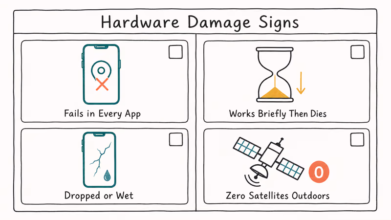 Checklist shows four GPS hardware damage signs in two-by-two grid