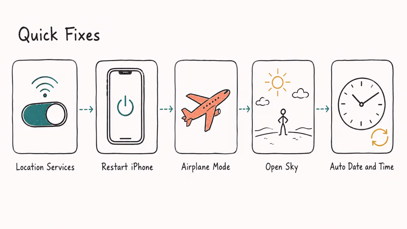 Hand-drawn five-step flow showing iPhone GPS quick fixes from Location Services toggle to Date Time