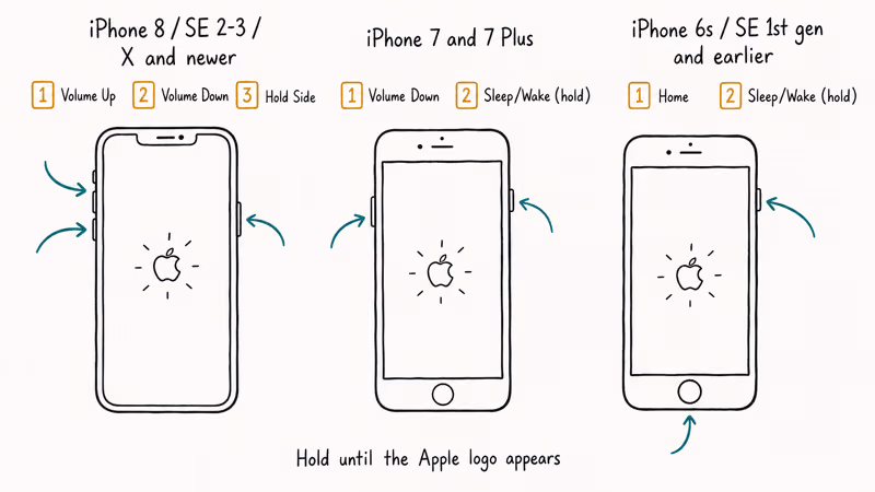 Three iPhone silhouettes showing force restart button sequences for each iPhone model generation