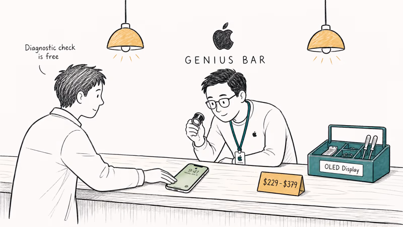 Hand drawn scene of Apple Genius Bar technician inspecting iPhone with green tinted display