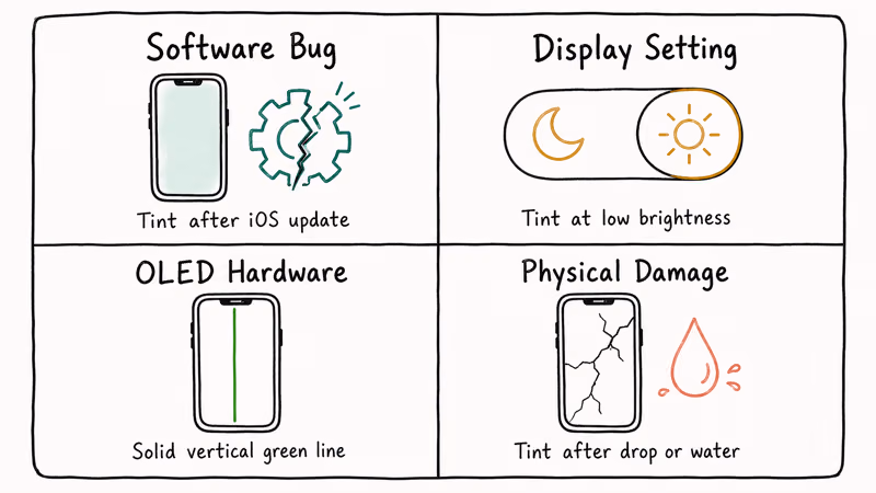 Hand drawn matrix illustrating four iPhone green screen causes with symptom icons and short labels