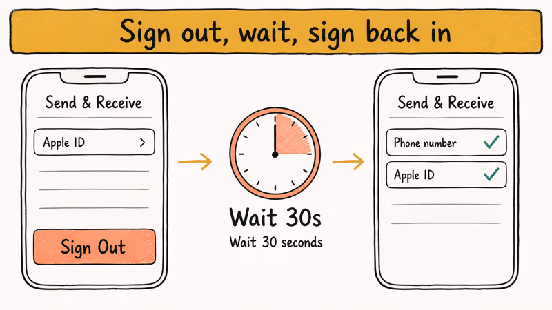 Sign out wait then sign back in flow on iMessage Send and Receive screen