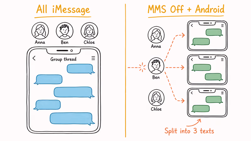 iMessage unified group thread versus three split MMS texts after Android joins
