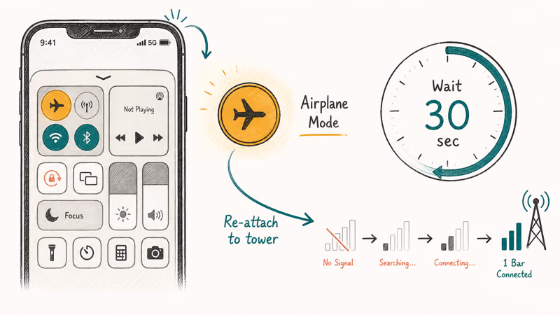 Airplane mode toggle highlighted with thirty-second timer counting down on iPhone screen