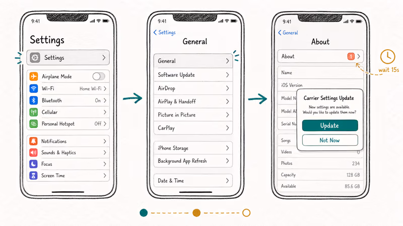 iPhone Settings General About screen showing carrier settings update popup