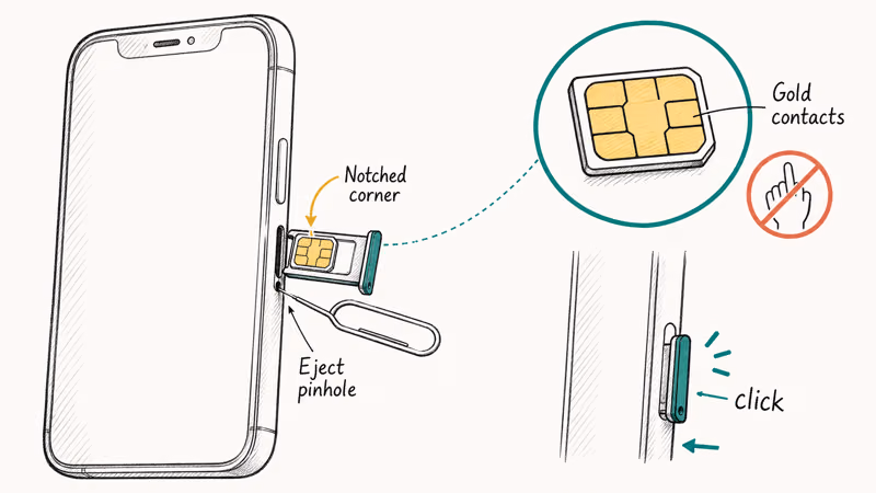 SIM tray ejected from iPhone showing notched corner alignment with gold contacts
