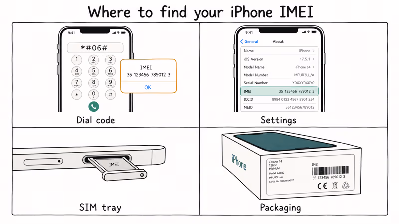 Four iPhone IMEI locations: dial code, Settings, SIM tray, and box label.