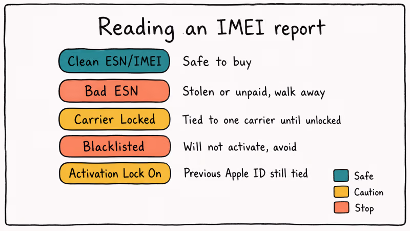 IMEI report legend explains Clean, Bad ESN, Carrier Locked, Blacklisted, Activation Lock.