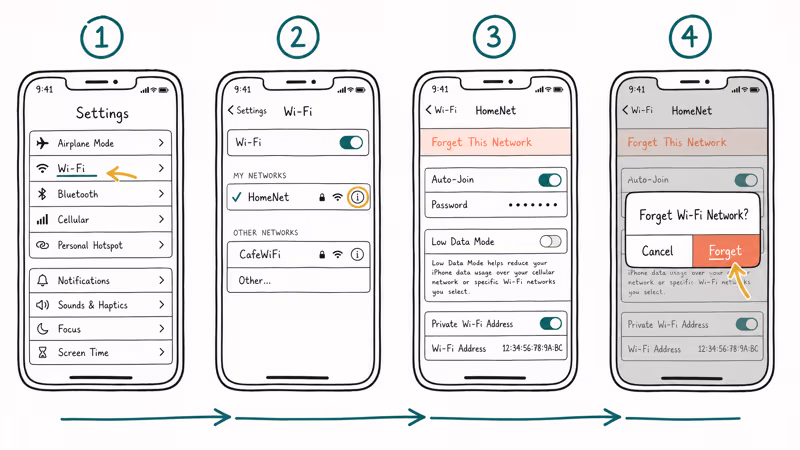 Step illustration showing iPhone Settings Wi-Fi info icon and Forget This Network confirmation