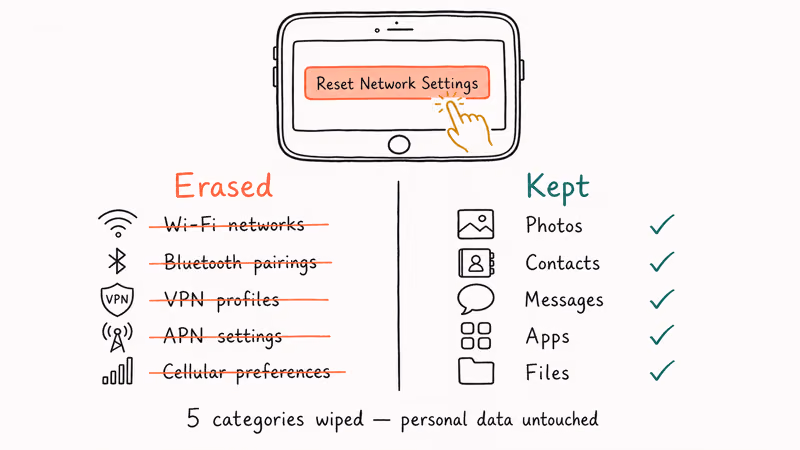 Comparison of what Reset Network Settings erases versus what stays untouched on iPhone