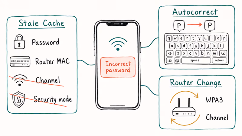 Diagram of three causes behind iPhone Wi-Fi password errors cached credential autocorrect router change