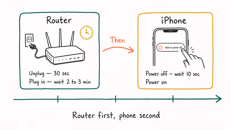 Sequence showing router restart first wait then iPhone power cycle in correct order