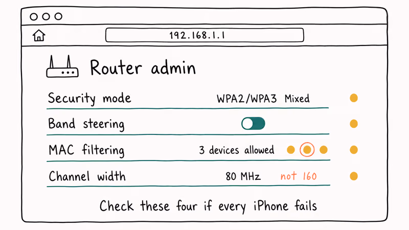 Router admin page checklist highlighting security mode band steering MAC filter channel width