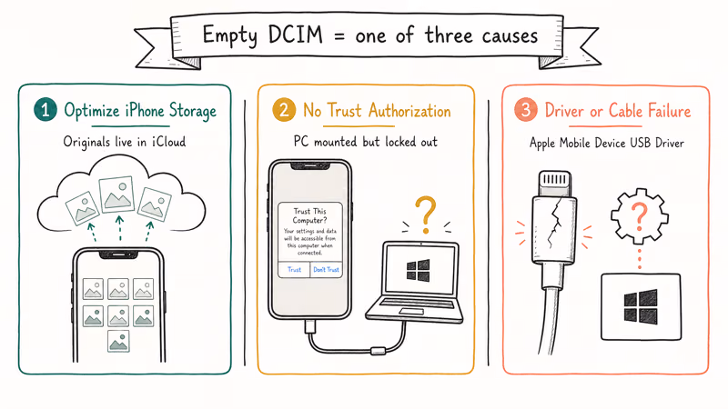 Three causes diagram for empty iPhone internal storage on Windows iCloud trust and driver failures