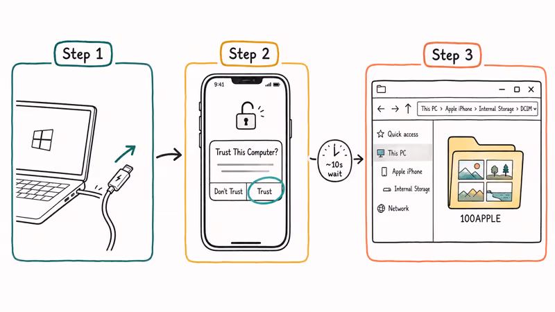 Three step flow unlocks iPhone, taps Trust This Computer, then opens DCIM