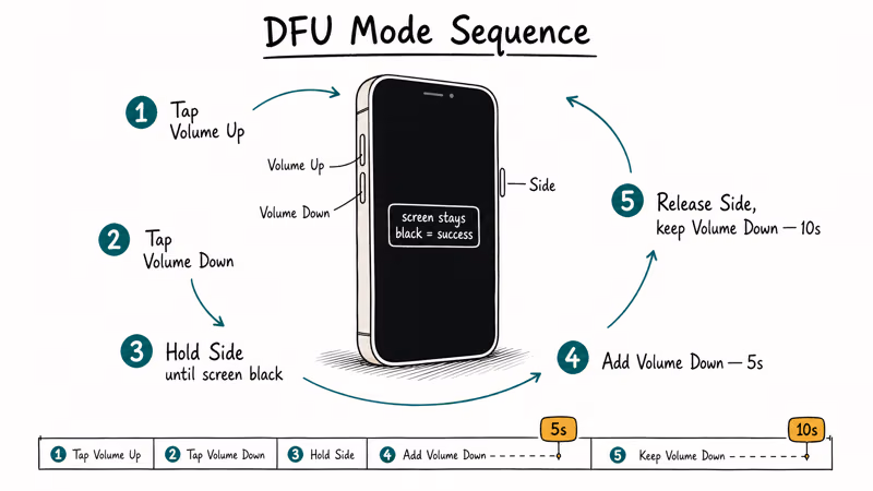 Hand-drawn iPhone side profile showing the five-step DFU mode button sequence with timed holds