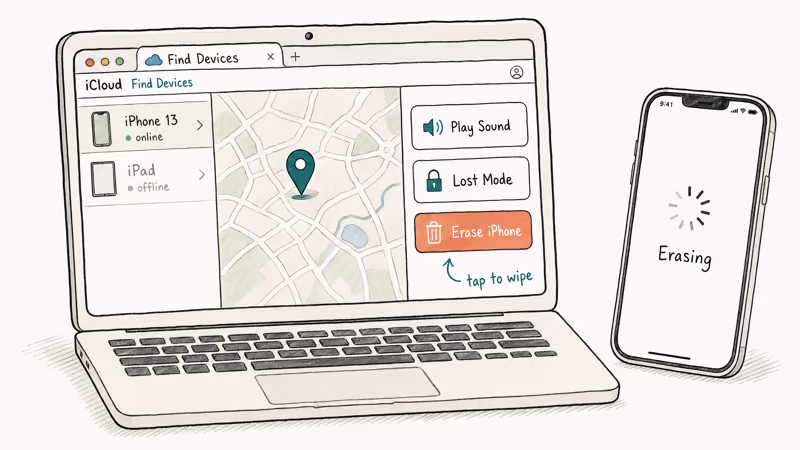 iCloud Find My device list shows Erase iPhone while wipe progresses