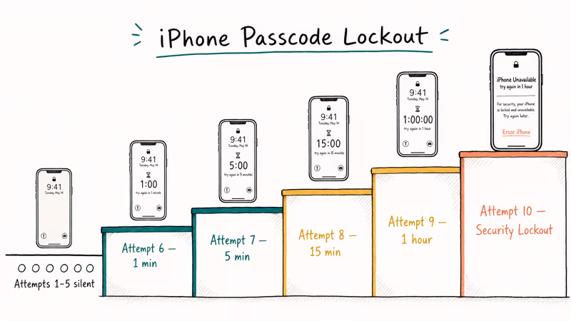 Hand-drawn staircase timeline showing iPhone passcode attempts escalating from silent to permanent Security Lockout