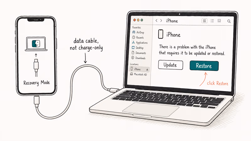 iPhone cable connects to MacBook Finder Restore prompt for Recovery Mode