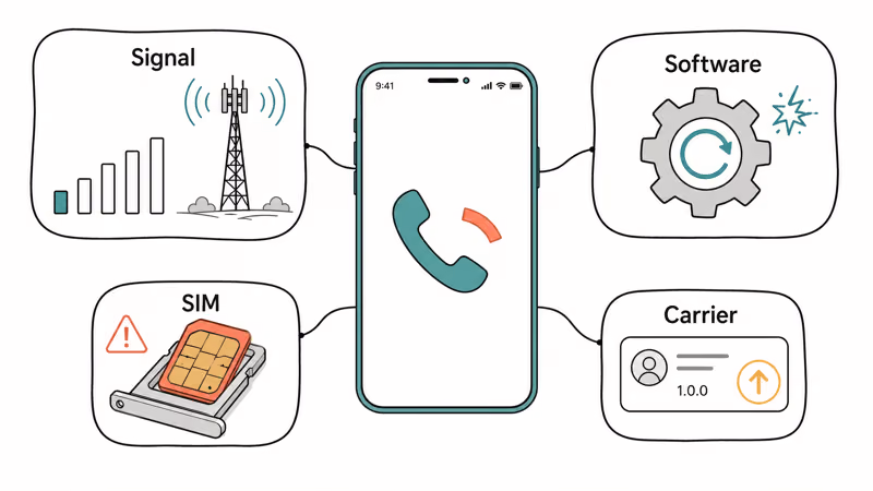 iPhone with four dropped call causes including signal SIM software and carrier settings