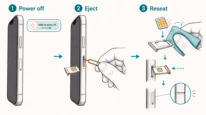 iPhone SIM tray ejection inspection and reseating steps with paperclip tool