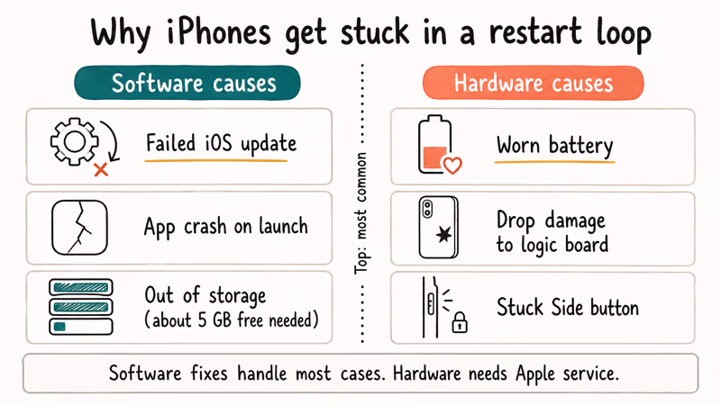 Notion style infographic comparing software and hardware causes of an iPhone restart loop