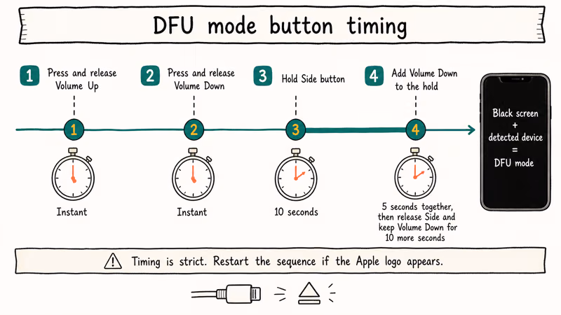 DFU timeline shows iPhone button sequence timing for each step
