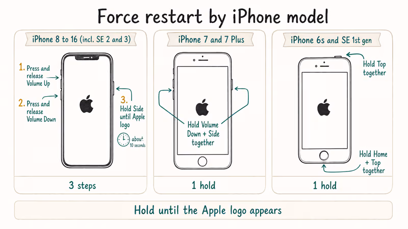 Hand drawn diagram showing iPhone force restart button sequences for three model ranges