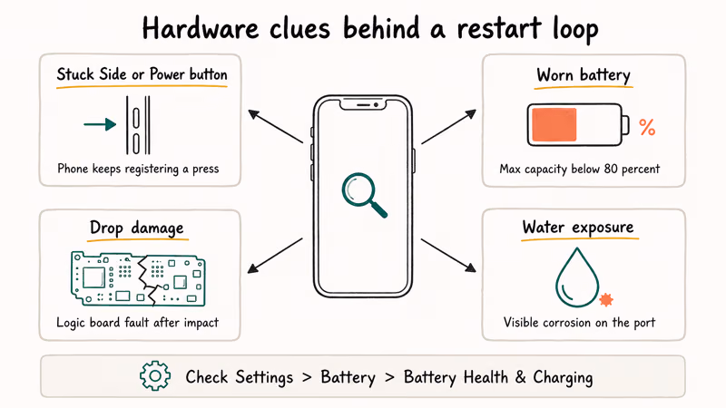 Hand drawn diagram pointing out four hardware fault indicators on an iPhone restart loop