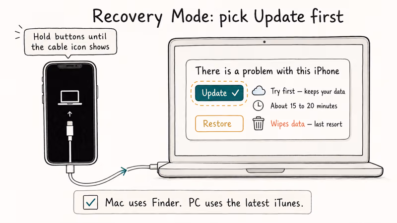 Recovery Mode iPhone connects to laptop with Update and Restore options