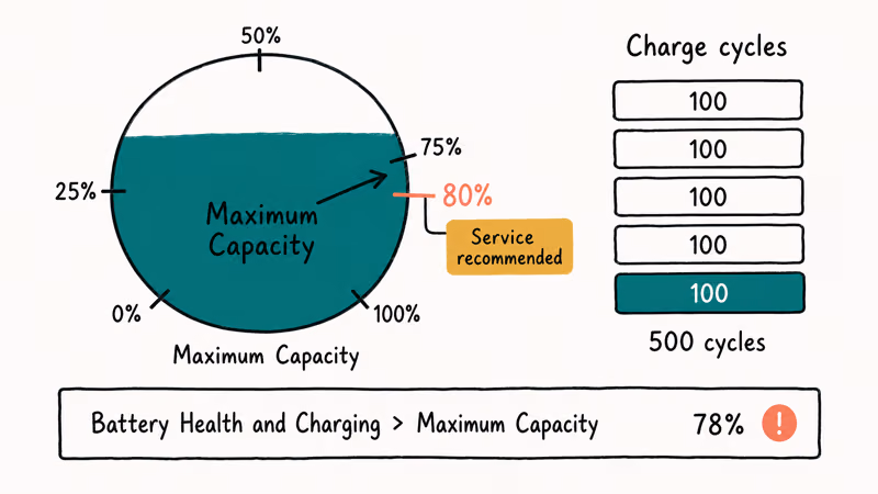 Battery health dial showing 80 percent capacity threshold and 500 charge cycle benchmark