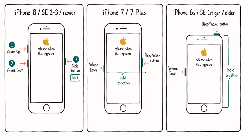 Three iPhone force restart button combinations compared across iPhone 8 plus 7 and 6s