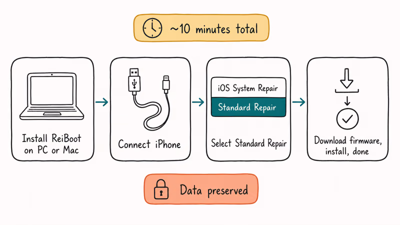 Flowchart of ReiBoot Standard Repair showing install connect select and download steps under ten minutes